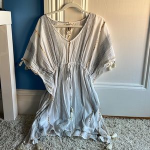White Coverup with Gold and Nast Embroidery and Tassel Details